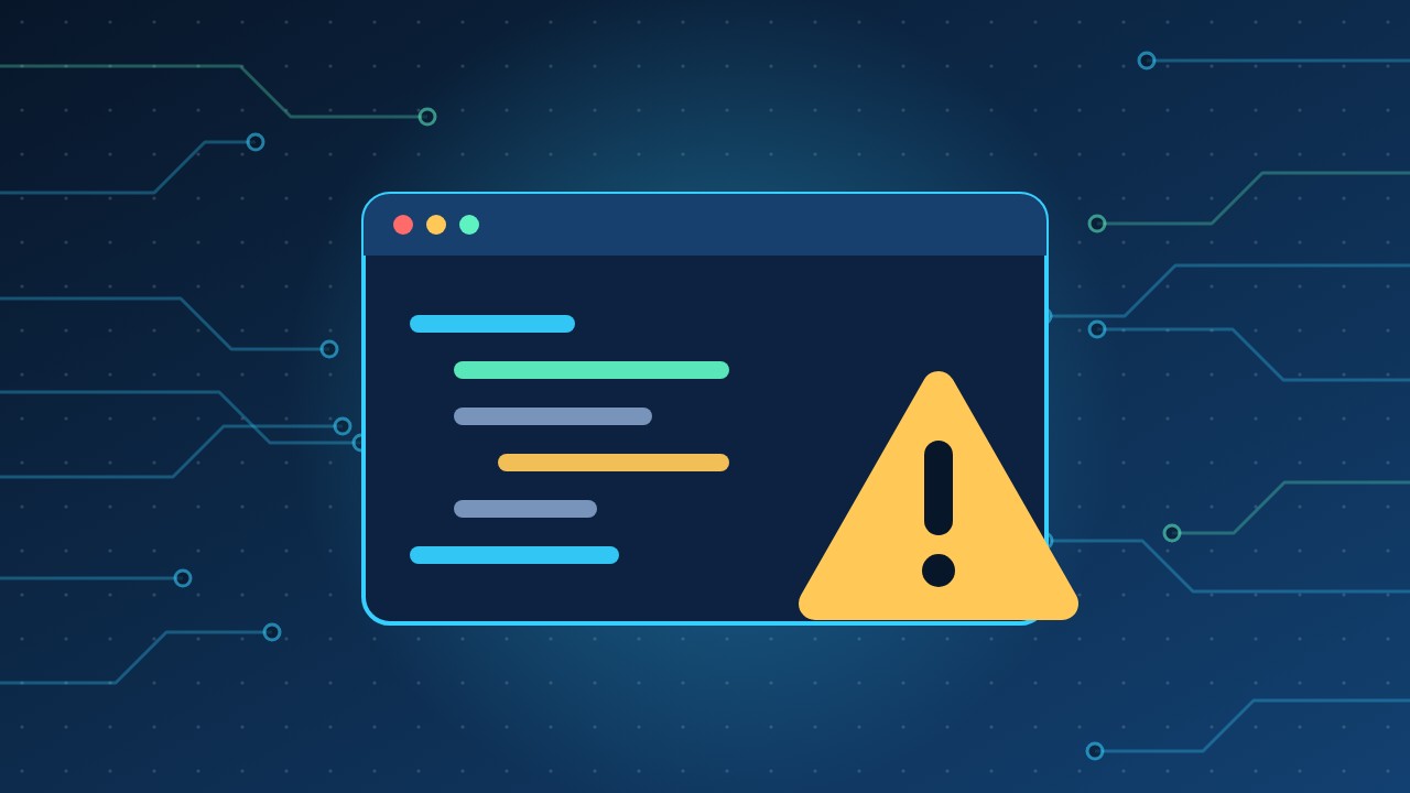 Illustration of a code window with a warning sign