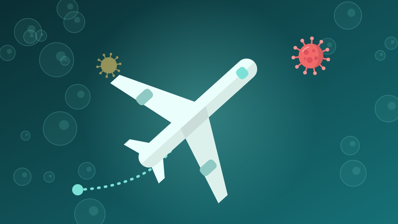 Illustration of an airplane with virus particles nearby